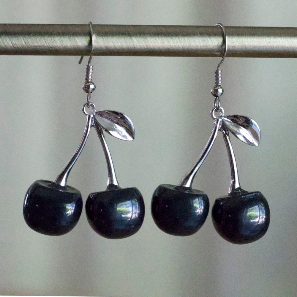 Black Cherry Drop Earrings Silver Tone Stem Glossy Fruit Dangle Fishhook 2 Inch‎